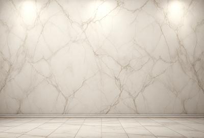The primary subject of the image is a marble wall with a white color. The setting is a room with a white floor, and the visual style is a photo. The colors and mood of the image are predominantly white, giving it a clean and minimalist appearance.