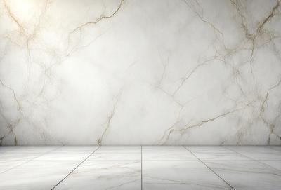 The primary subject of the image is a white marble wall with a large crack in it. The setting is a room with a white tile floor. The visual style is a photo, and the colors and mood are predominantly white, giving the scene a clean and minimalist appearance.