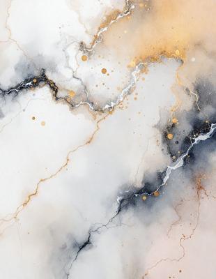 The primary subject of the image is a marble-like texture with gold and white colors. The setting is a white and black background, which creates a contrasting effect. The visual style is a combination of digital art and illustration, giving the image a unique and artistic appearance. The dominant colors are gold, white, and black, creating a sense of elegance and sophistication.