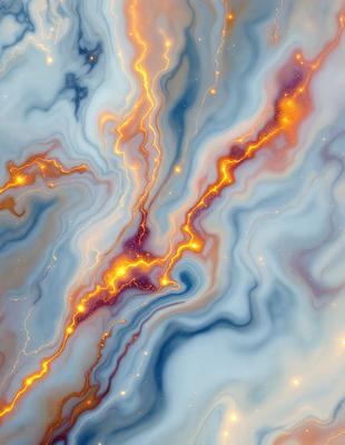 The primary subject of the image is a vibrant, colorful, and abstract design featuring a mix of blue, orange, and yellow hues. The setting is a blue and white marbled surface, which serves as the background for the artistic display. The visual style of the image is a combination of digital art and illustration, creating a unique and eye-catching pattern. The colors and mood of the image are lively and energetic, with the bright colors and contrasting patterns creating a sense of movement and dynam