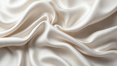 The primary subject of the image is a white fabric, possibly silk, with a smooth and shiny texture. The fabric is folded and draped over itself, creating a visually appealing and elegant appearance. The setting is a white background, which allows the fabric to stand out and be the main focus of the image. The visual style is a close-up of the fabric, showcasing its texture and details. The colors and mood of the image are predominantly white, giving it a clean, fresh, and