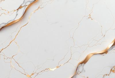 The primary subject of the image is a white marble countertop with a gold-colored vein running through it. The setting is a kitchen, and the visual style is a close-up of the marble countertop. The colors and mood of the image are predominantly white and gold, giving it a luxurious and elegant appearance.