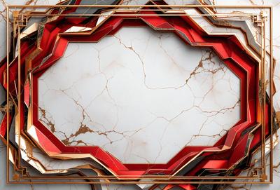 The primary subject of the image is a marble tabletop with a red border. The tabletop is white and has a marble texture. The setting is a room with a red border around the tabletop. The visual style is a combination of a photo and digital art, creating a unique and artistic representation of the marble tabletop. The colors and mood of the image are predominantly red and white, giving it a warm and elegant atmosphere.