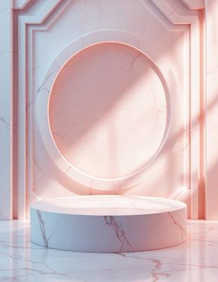 The primary subject of the image is a white marble bench. The setting is a room with a pink wall, and the visual style is a photo. The colors and mood of the image are predominantly pink, creating a warm and inviting atmosphere.