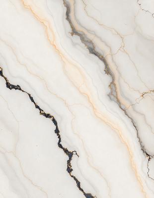 The primary subject of the image is a marble countertop with a crack in it. The setting is a kitchen, and the visual style is a close-up of the marble countertop. The colors and mood of the image are predominantly white, with a hint of yellow, giving it a clean and elegant appearance.