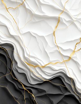 The primary subject of the image is a white and gold patterned wallpaper. The setting is a white wall, and the visual style is a combination of photo and digital art. The dominant colors are white and gold, creating a luxurious and elegant atmosphere.