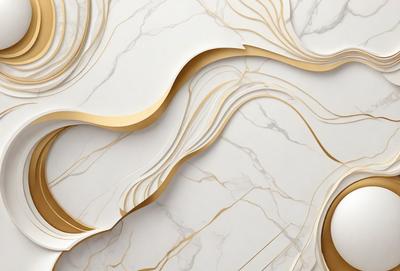The primary subject of the image is a large, intricate, and artistic marble wall. The setting is a room with a white marble wall, which serves as the background. The visual style of the image is a combination of photo and digital art, creating a unique and captivating design. The colors and mood of the image are predominantly white and gold, giving it a luxurious and elegant appearance.