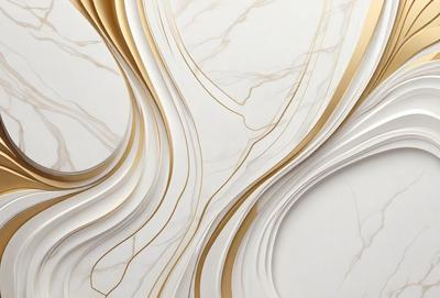 The primary subject of the image is a marble wall with a gold-colored design. The setting is a room with a white background. The visual style is a combination of a photo and digital art, creating a unique and intricate pattern. The colors and mood of the image are predominantly white and gold, giving it a luxurious and elegant appearance.