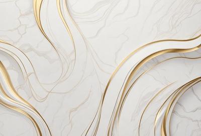 The primary subject of the image is a white marble wall with gold accents. The setting is a room with a white marble wall as the main focus. The visual style is a combination of a photo and digital art, creating a unique and elegant appearance. The dominant colors are white and gold, giving the wall a luxurious and sophisticated look.