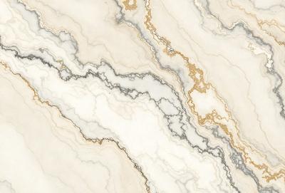 The primary subject of the image is a marble wall with a gold-colored pattern. The setting is a room with a white marble floor. The visual style is a close-up of the marble wall, showcasing its intricate design. The colors and mood of the image are predominantly white and gold, creating a luxurious and elegant atmosphere.