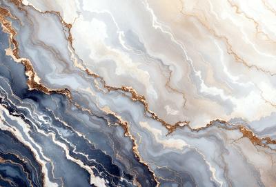 The primary subject of the image is a marble-like surface with a gold and white color scheme. The setting is a room with a blue wall, and the visual style appears to be a combination of a photo and digital art. The colors and mood of the image are elegant and sophisticated, with the gold and white elements creating a luxurious and refined atmosphere.