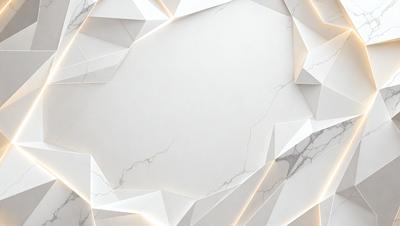 The primary subject of the image is a white marble wall with a pattern of triangles. The setting is a room with a white background, and the visual style appears to be a combination of a photo and digital art. The dominant colors are white and gray, creating a clean and minimalist atmosphere.