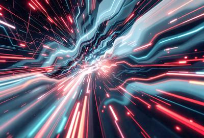 The primary subject of the image is a brightly colored, neon-like light streak or blur, which appears to be a digital art or illustration. The setting is a dark background, which contrasts with the vibrant colors of the light streak. The visual style is modern and futuristic, with the light streak resembling a space-themed design. The colors and mood of the image are energetic, dynamic, and visually striking.
