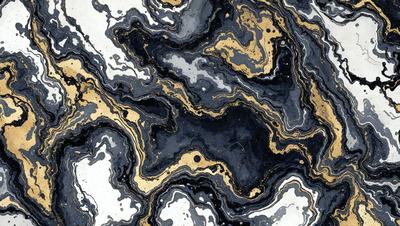 The primary subject of the image is a black and gold marbled pattern, which is the main focus of the image. The setting is a black and gold marbled surface, which serves as the backdrop for the pattern. The visual style of the image is a close-up of the marbled pattern, showcasing its intricate details. The colors and mood of the image are predominantly black and gold, creating a rich and luxurious atmosphere.