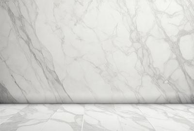 The primary subject of the image is a marble wall with a white marble texture. The setting is a room with a white marble floor. The visual style is a photo of the marble wall and floor. The colors and mood of the image are predominantly white, giving it a clean and elegant appearance.