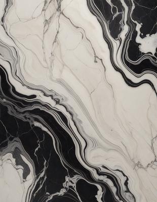 The primary subject of the image is a marble countertop with a black and white pattern. The setting is a kitchen, and the visual style is a close-up of the countertop. The colors and mood of the image are predominantly black and white, giving it a classic and elegant appearance.