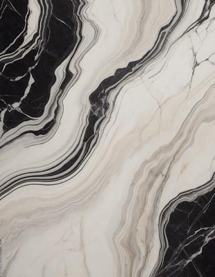 The primary subject of the image is a marble countertop with a black and white pattern. The setting is a kitchen, and the visual style is a close-up of the countertop. The dominant colors are black and white, creating a classic and elegant atmosphere.