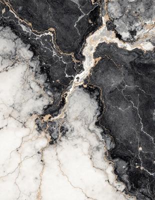 The primary subject of the image is a marble countertop with a black and gold pattern. The setting is a kitchen, and the visual style is a close-up of the marble countertop. The dominant colors are black and gold, creating a luxurious and elegant atmosphere.