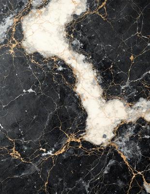 The primary subject of the image is a marble countertop with a gold vein running through it. The setting is a kitchen, and the visual style is a close-up of the marble countertop. The colors and mood of the image are predominantly black and gold, giving it a luxurious and elegant appearance.