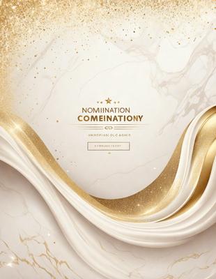 The primary subject of the image is a marble-themed advertisement featuring a gold and white color scheme. The setting is a marble countertop, and the visual style is a combination of digital art and illustration. The colors and mood of the advertisement are elegant and luxurious, with a focus on the marble material.