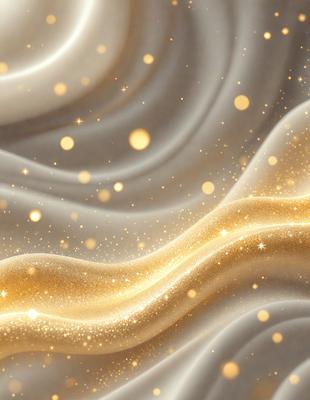 The primary subject of the image is a swirling, golden, and sparkling pattern. The setting is a white background, which contrasts with the vibrant colors of the pattern. The visual style is a combination of digital art and illustration, creating a dynamic and eye-catching design. The dominant colors are gold and white, with the gold creating a warm and inviting atmosphere.