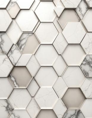 The primary subject of the image is a white marble wall with a pattern of hexagonal shapes. The setting is a room with a white marble floor, and the visual style is a close-up of the marble wall. The colors and mood of the image are predominantly white, giving it a clean and elegant appearance.