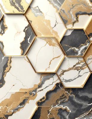 The primary subject of the image is a marble tile with a gold and black pattern. The setting is a bathroom, and the visual style is a close-up of the tile. The dominant colors are gold and black, creating a luxurious and elegant atmosphere.