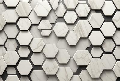 The primary subject of the image is a marble wall with a pattern of hexagonal shapes. The setting is a room with a grey background. The visual style is a close-up of the marble wall, showcasing the intricate pattern of the hexagons. The colors and mood of the image are predominantly neutral, with the marble providing a sense of elegance and sophistication.