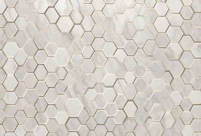 The primary subject of the image is a white marble tile wall with a hexagonal pattern. The setting is a bathroom, and the visual style is a photo. The dominant colors are white and gray, creating a clean and elegant atmosphere.