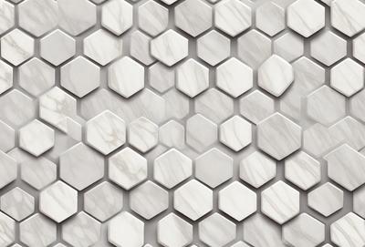 The primary subject of the image is a marble wall with a pattern of hexagonal shapes. The setting is a room with a white marble wall, and the visual style is a close-up of the marble wall. The colors and mood of the image are predominantly white, giving it a clean and elegant appearance.