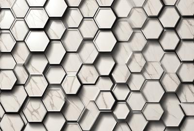 The primary subject of the image is a pattern of hexagonal tiles, which are arranged in a marble-like texture. The setting is a wall, and the visual style is a close-up of the tiles. The colors and mood of the image are predominantly silver and white, giving it a clean and modern appearance.