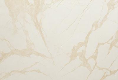 The primary subject of the image is a white marble wall with a pattern of gold veins. The setting is a room with a white marble floor. The visual style is a close-up of the marble wall, showcasing the intricate gold veins. The colors and mood of the image are predominantly white and gold, creating a sense of elegance and sophistication.