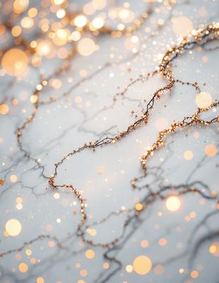 The primary subject of the image is a close-up of a pattern of gold glittering lines on a white background. The setting appears to be a white surface, possibly a wall or a piece of paper. The visual style of the image is a combination of a photo and digital art, as it captures the intricate details of the glittering lines. The colors and mood of the image are predominantly gold and white, creating a sense of elegance and sophistication.