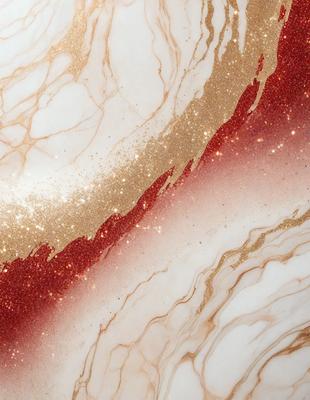 The primary subject of the image is a marble surface with a gold and red pattern. The setting is a room with a marble countertop, and the visual style is a combination of photo and digital art. The dominant colors are gold, red, and white, creating a warm and luxurious atmosphere.