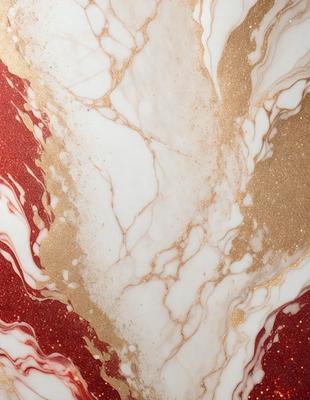 The primary subject of the image is a marble-like surface with a gold and white color scheme. The setting is a room with a red background, which adds a contrasting element to the scene. The visual style appears to be a combination of a photo and digital art, creating a unique and intricate design. The colors and mood of the image are warm and inviting, with the gold and white tones evoking a sense of luxury and elegance.