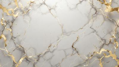 The primary subject of the image is a marble countertop with a gold-like pattern. The setting is a kitchen, and the visual style is a close-up of the marble countertop. The colors and mood of the image are predominantly white and gold, giving it a luxurious and elegant appearance.