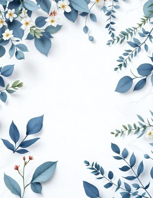 The primary subject of the image is a white wall with blue leaves and flowers painted on it. The setting is a room with a white background, and the visual style is a combination of digital art and illustration. The dominant colors are blue and white, creating a calm and serene atmosphere.
