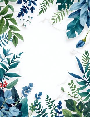 The primary subject of the image is a white wall with a variety of green plants and leaves surrounding it. The setting is a room with a white wall, and the visual style is a combination of a photo and digital art. The dominant colors are green, blue, and white, creating a calm and natural atmosphere.