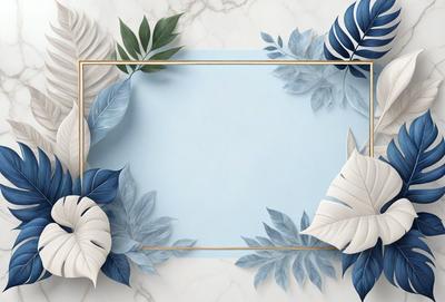 The primary subject of the image is a blue frame with a white background. The setting is a marble surface, and the visual style appears to be a combination of digital art and illustration. The colors in the image are predominantly blue and white, creating a calm and serene atmosphere.