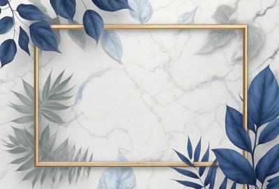 The primary subject of the image is a marble wall with a gold frame. The setting is a bathroom, and the visual style is a combination of photo and digital art. The dominant colors are blue and white, creating a calm and serene atmosphere.