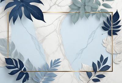 The primary subject of the image is a marble wall with a blue background. The setting is a room with a white marble countertop. The visual style is a combination of photo and digital art, creating a unique and artistic representation of the marble wall. The dominant colors are blue and white, giving the image a calm and sophisticated atmosphere.