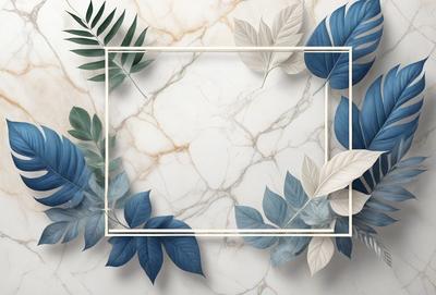 The primary subject of the image is a marble surface with a variety of green and blue leaves arranged on it. The leaves are arranged in a visually appealing manner, creating a sense of depth and dimension. The setting is a marble countertop, which serves as the background for the arrangement of leaves. The visual style of the image is a combination of digital art and illustration, as the leaves are carefully placed and manipulated to create a realistic and artistic representation of the natural elements. The colors and mood of the image
