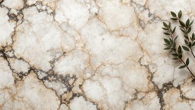 The image features a marble surface with a white and brown color scheme. The marble has a rough texture, giving it a natural and earthy appearance. The surface is covered in a variety of white and brown spots, which add to the overall visual interest of the scene. The setting appears to be a room with a tiled floor, which complements the marble surface. The visual style of the image is a close-up of the marble, showcasing its unique texture and patterns.