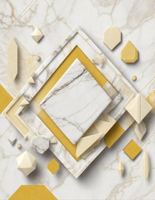 The primary subject of the image is a square-shaped marble tile, which is the main object in the scene. The setting is a white marble wall, and the visual style is a combination of digital art and illustration. The colors in the image are predominantly white and gold, giving the scene a clean and elegant atmosphere.
