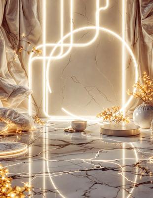 The primary subject of the image is a marble table with various items on it. The table is set in a room with a white marble wall, and there are two vases on the table. The setting appears to be a modern and elegant interior design. The visual style of the image is a combination of photo and digital art, creating a unique and artistic representation of the scene. The colors and mood of the image are predominantly white and neutral, giving it a clean and sophisticated appearance.