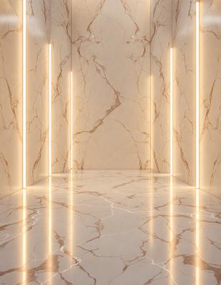 The image features a large, open room with a marble floor. The room is illuminated by a series of lights, creating a bright and inviting atmosphere. The marble walls and floor add a sense of luxury and sophistication to the space. The room appears to be a hallway or a large room with a high ceiling, providing ample space for movement and activities.