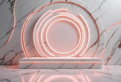The primary subject of the image is a large, illuminated circle, which appears to be a part of a larger art installation. The circle is located in a white room, which serves as the setting for the scene. The visual style of the image is a combination of digital art and illustration, creating a unique and captivating atmosphere. The dominant colors in the image are white and pink, which contribute to the overall mood of the scene.