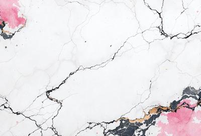 The primary subject of the image is a marble countertop with a cracked and chipped surface. The setting is a kitchen, and the visual style is a close-up of the marble countertop. The colors and mood of the image are predominantly black and white, with some pink and orange accents, giving it a somewhat aged and worn appearance.