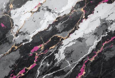 The primary subject of the image is a marble wall with a black and white pattern. The setting is a room with a black and white marble floor. The visual style is a close-up of the marble wall, showcasing its intricate design. The dominant colors are black and white, creating a classic and elegant atmosphere.