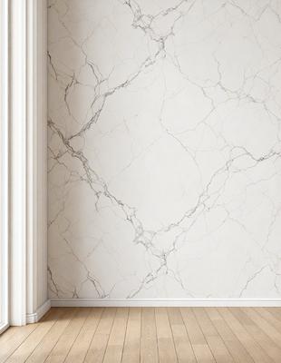 The primary subject of the image is a marble wall with a white background. The setting is a room with a wooden floor. The visual style is a photo of a marble wall, showcasing the natural texture and patterns of the material. The colors and mood of the image are predominantly white and neutral, creating a clean and elegant atmosphere.